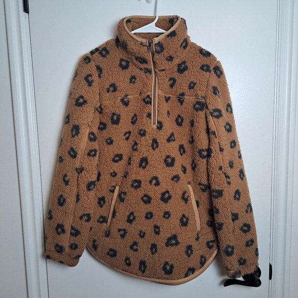 Abercrombie & Fitch Brown Cheetah Print Sherpa Half Zip Pullover Jacket Size XS - Picture 3 of 7